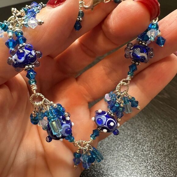 Vintage blue hand-blown glass and sterling silver bracelet, pendant bundle! - Picture 10 of 16